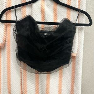 Zara black crop top with tulle overlay